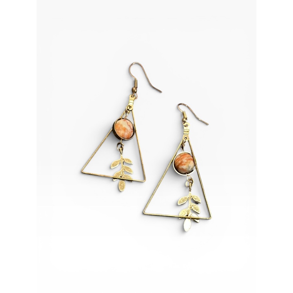 Triangle Leaf Drop Dangle Earrings Gold Tone Terracotta Boho